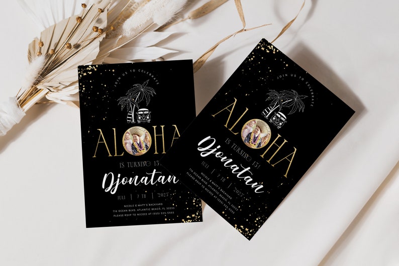 Tropical Aloha Birthday Invitation: Black, Gold, and Beach Theme (Digital Download) image 2