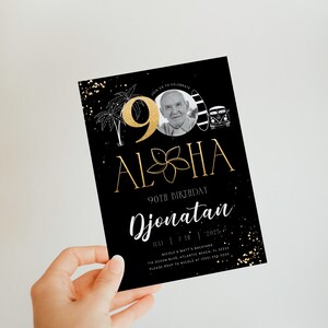 Tropical 90th Birthday Invitation: Black & Gold Aloha Theme (Digital Download) image 4
