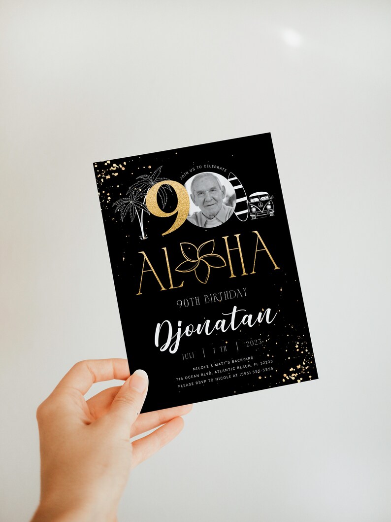 Tropical 90th Birthday Invitation: Black & Gold Aloha Theme (Digital Download) image 4