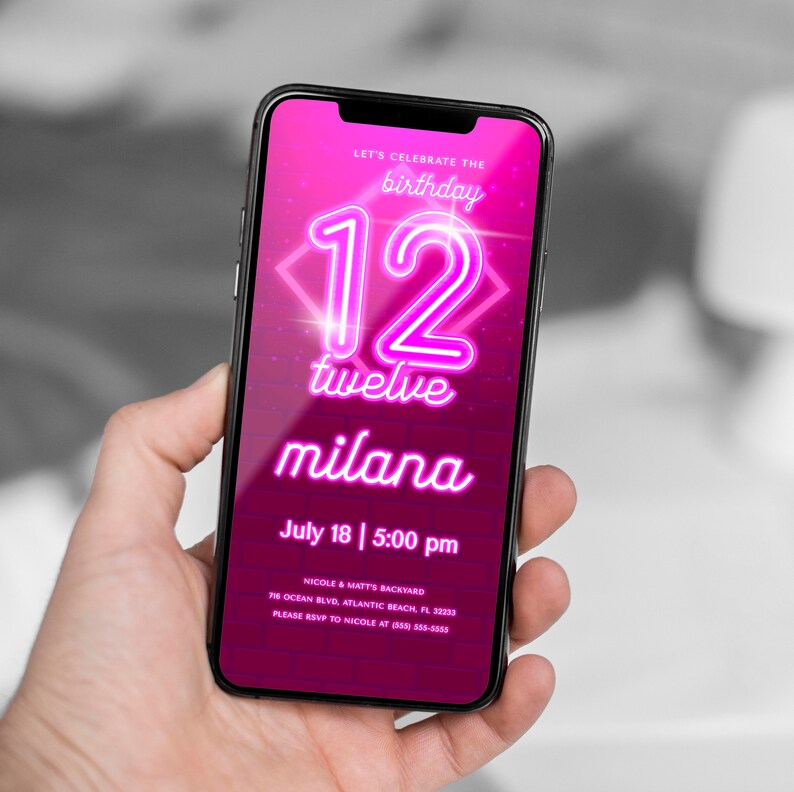 Invitación de neón rosa para el 12.º cumpleaños: Digital editable en Evite imagen 3