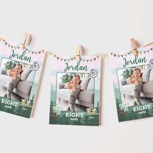Un banner fotográfico mensual de Happy Camper, el banner de 1er cumpleaños de Little Camper, el banner fotográfico mensual de Adventure Party, el banner de campista de un año