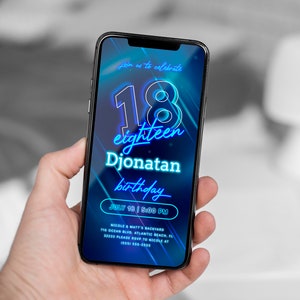 Blue Neon 18th Birthday Electronic Invitation Boys Glow in The Dark Party Digital Text Invite Aqua Light Lets Glow Crazy 18 Birthday Evite