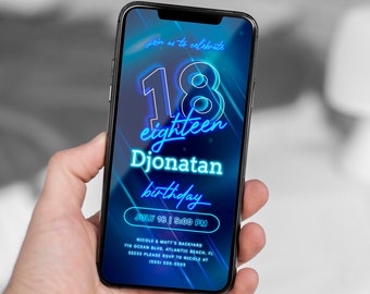 Blue Neon 18th Birthday Invitation: Glow Party, Digital Text Invite