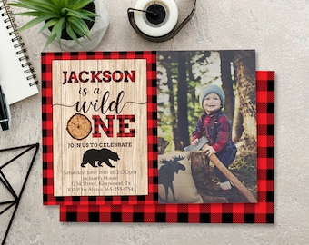 Lumberjack Wild Birthday Invitation with Photo, Buffalo Plaid Invite, Lumberjack Birthday, Wild One Party Invitation, Lumberjack Bear Invite