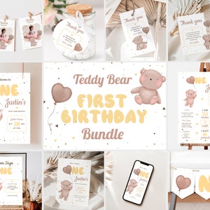 Teddybeer eerste verjaardag bundel, baby beer jongen meisje verjaardag uitnodiging sjablonen set, beren ballonnen 1e verjaardagsfeest bundel bewerkbaar