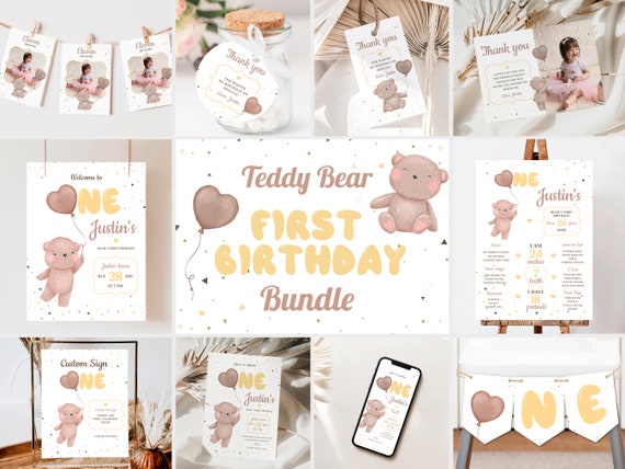 Teddy Bear First Birthday Bundle, Baby Bear Boy Girl Birthday Invitation Templates Set, Bears Balloons 1st Birthday Party Bundle Editable Il_570xn