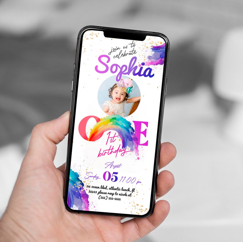 Rainbow First Birthday Electronic Invitation with Photo (Digital Download) image 4