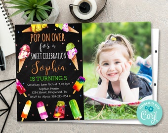 Popsicle Birthday Invitation Chalkboard with Photo, Summer Birthday Invite, Ice Cream Invitation, Pop on Over Birthday Invitation, Popsicle