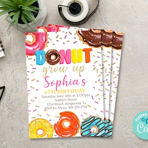 Zaproszenie na urodziny Donut Grow Up, zaproszenie na przyjęcie Doughnut, pierwsze urodziny Pink Donuts, zaproszenie na urodziny dziewczynki, edytowalne pączki