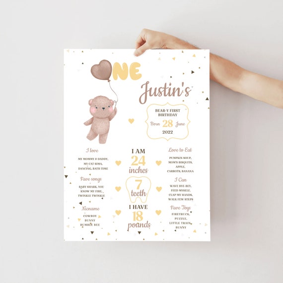 Teddy Bear First Birthday Milestones Sign, Bearly Girl Boy Milestone Sign, Teddy Bear 1st Birthday Party Milestone Poster Editable Template Il_570xn