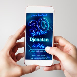 Blue Neon 30th Birthday Invitation électronique Modifiable Glow in The Dark Thirty Years Anniversary Invitation Template Neon Glow Party Decor image 3