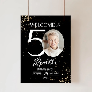 Cartello di benvenuto per il 50° compleanno: glitter nero e oro (striscione modificabile) immagine 4
