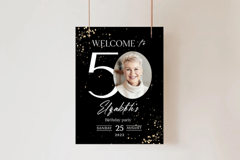 Cartello di benvenuto per il 50° compleanno: glitter nero e oro (striscione modificabile) immagine 4
