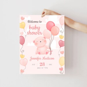 Teddy Bear Girl Baby Shower Welcome Sign, Teddy Bear Hot Air Balloon Baby Shower Invite, We Can Bearly Wait, Teddy Bear Baby Shower Girl
