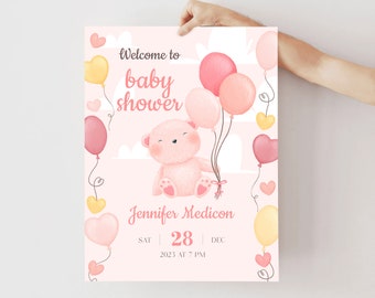 Teddy Bear Girl Baby Shower Welcome Sign (Digital Download)