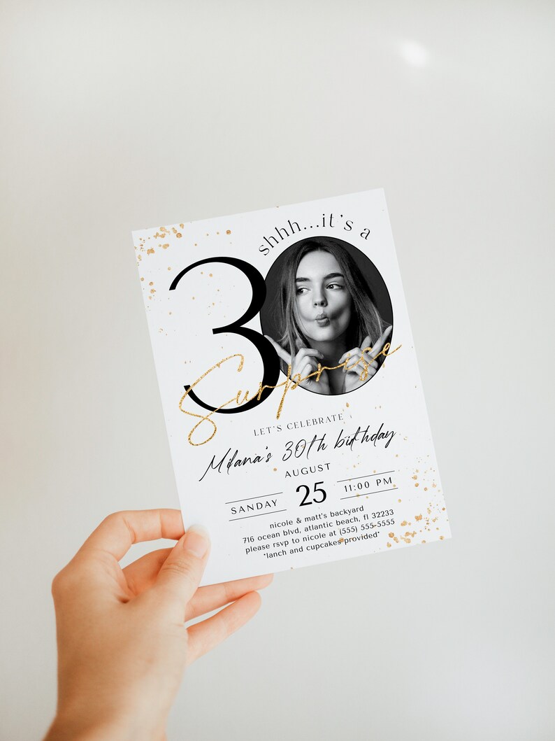 Surprise 30th Birthday Invitation with Photo: Elegant Minimalist Template (Digital Download) image 5