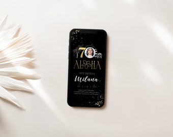 Tropical 70th Birthday Invitation: Black & Gold Aloha Evite (Digital)