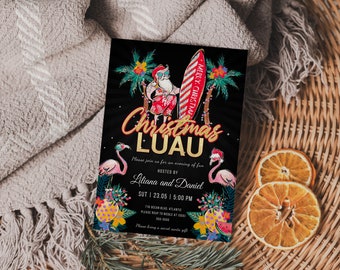 May include: A Christmas Luau invitation with a black background, featuring a cartoon Santa Claus surfing on a surfboard with a palm tree and flamingo decorations. The text reads "Christmas Luau" in gold lettering and "Please join us for an evening of fun Hosted by Liliana and Daniel  SUT | 23.05 | 5:00 PM 710 OCEAN BLVD, ATLANTIC PLEASE RSVP TO [MIDDLE NAME] AT [EMAIL] OR [PHONE NUMBER] Please bring a secret santa gift"