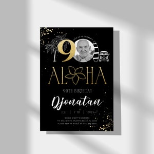 Tropical 90th Birthday Invitation: Black & Gold Aloha Theme (Digital Download) image 5