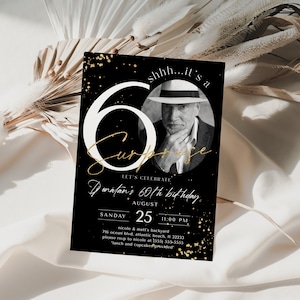 Invitación de cumpleaños número 60 sorpresa de oro negro con foto Fiesta de sesenta años Invitación para mujer para hombre Plantilla digital Descarga imprimible editable