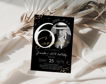 Black Gold Surprise 60th Birthday Invitation with Photo Sixty Years Party Mens Womens Invite Digital Template Editable Printable Download