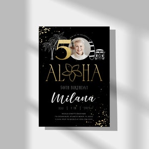 Tropische 50e verjaardagsuitnodiging: zwarte en gouden Aloha Luau (instantsjabloon) afbeelding 5