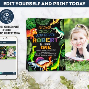 Dinosaur Birthday Invitation with Photo: Editable Party Template (Digital Download)