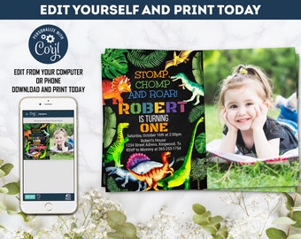 Dinosaur Birthday Invitation with Photo: Editable Party Template (Digital Download)