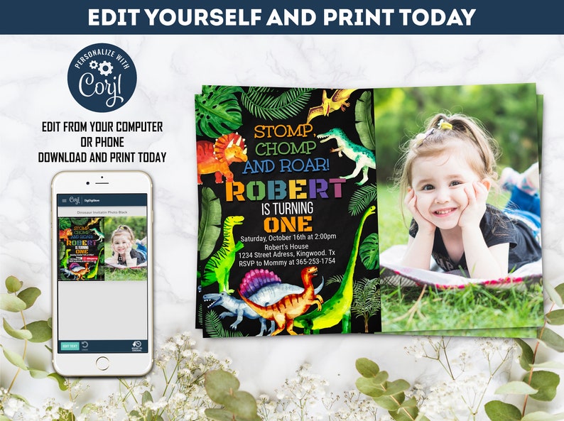 May include: A colorful dinosaur-themed birthday invitation for a boy turning one. The invitation features a chalkboard background with the text "Stomp, Chomp and Roar! Robert is turning one."  The invitation also includes a photo of a young boy smiling.