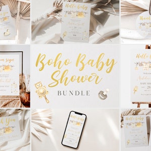 Boho Baby Shower Bundle, Modelli stampabili modificabili per baby shower di grandi dimensioni, Boho Pastelle Baby Shower Invtation Bundle Download istantaneo