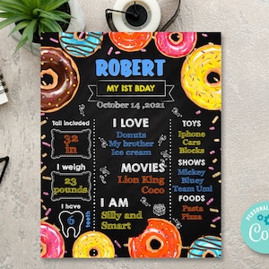 Editable Donut 1st Birthday Milestone Poster: Boy Chalkboard Sign (Digital)