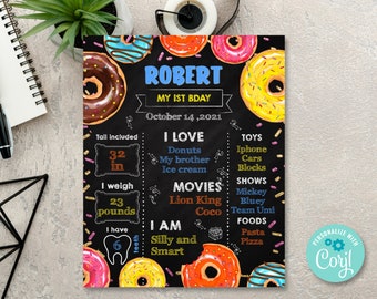 Editierbares Donut 1st Geburtstag Meilenstein Poster: Jungen Kreidetafel Zeichen (Digital)