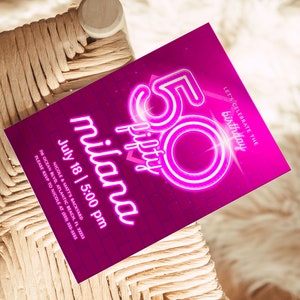 Invitación de 50 cumpleaños en neón rosa: Invitación editable (descarga digital) imagen 3