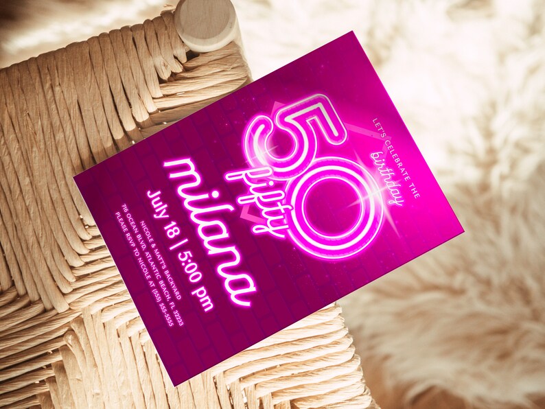 Invitación de 50 cumpleaños en neón rosa: Invitación editable (descarga digital) imagen 3