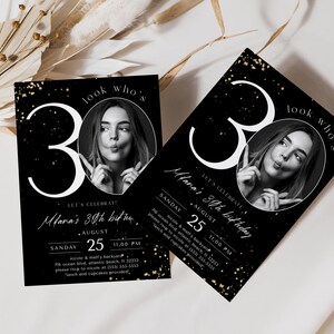 Modello di invito per il 30° compleanno in nero e oro con foto (digitale) immagine 3