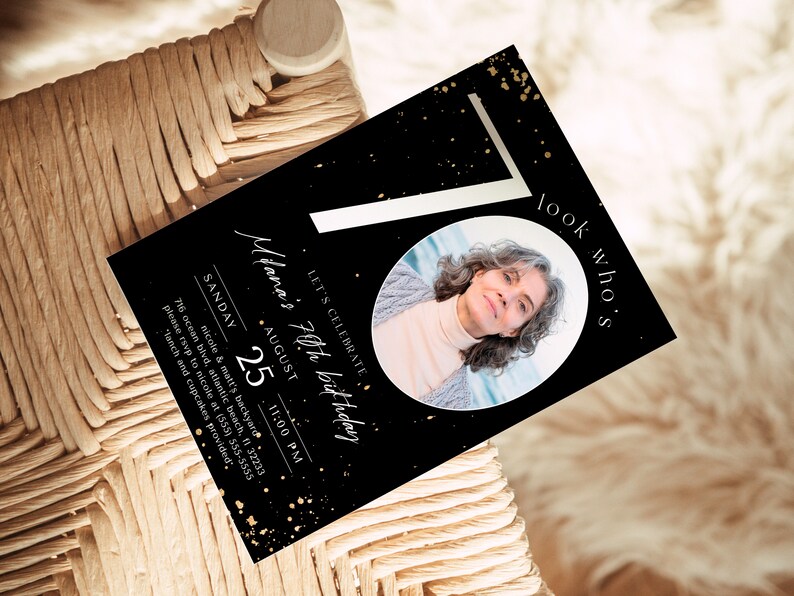 Black and Gold 70. Geburtstags-Einladung mit Foto (Digitaler Download) Bild 5