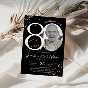 Schwarz Gold Überraschung 80. Geburtstag Einladung mit Foto Editierbare Achtzig Invite Männer Frauen Jubiläum druckbare Party Decor Instant Template