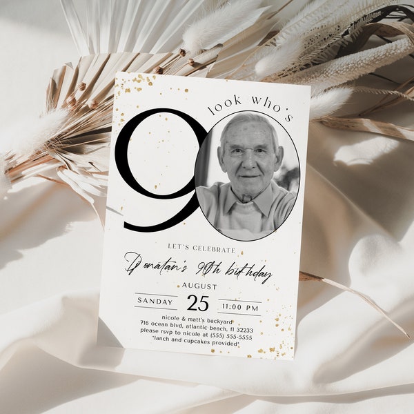 90th Birthday Invitation With Photo, Ninety Years Invitations For Women And Men, Simple Elegant Minimalist Ninetieth Birthday Sign Editable