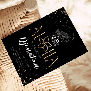 Invitación de cumpleaños Aloha negra y dorada: Fiesta Luau (Descarga digital) imagen 3