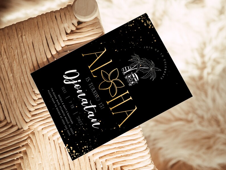 Invitación de cumpleaños Aloha negra y dorada: Fiesta Luau (Descarga digital) imagen 3