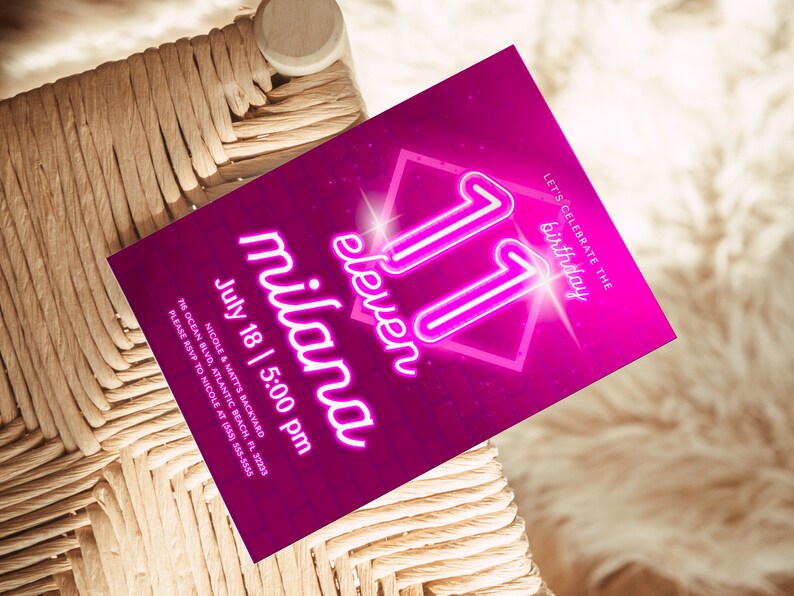 Invito per l'undicesimo compleanno in rosa neon: festa per adolescenti modificabile (download digitale) immagine 4