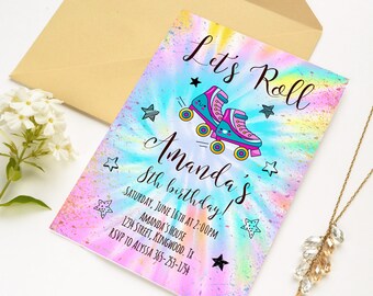 Editable Roller Skating Invitation, Tie Dye Birthday Invitation Printable, Roller Skating Template Download