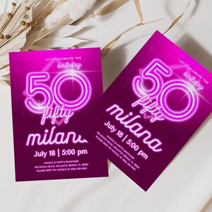 Invitación de 50 cumpleaños en neón rosa: Invitación editable (descarga digital) imagen 2