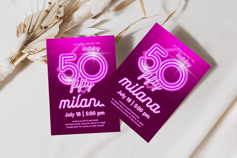 Invitación de 50 cumpleaños en neón rosa: Invitación editable (descarga digital) imagen 2