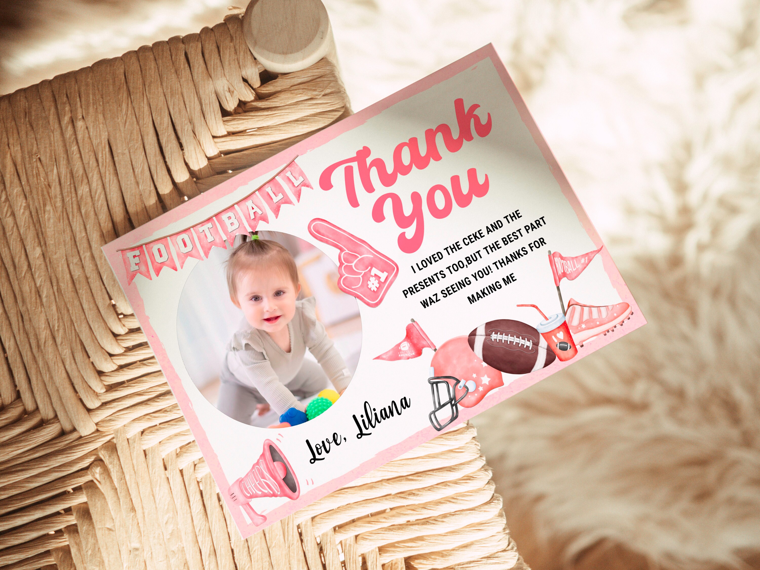 Girl Football First Birthday Thank You Card With Photo (printable) - Etsy