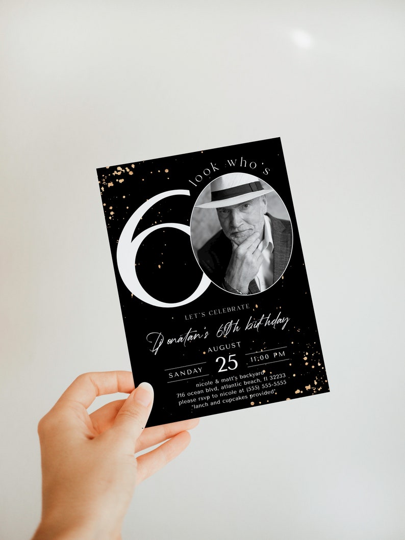 Black & Gold 60th Birthday Invitation With Photo (Digital) image 4