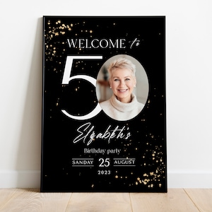 Cartello di benvenuto per il 50° compleanno: glitter nero e oro (striscione modificabile) immagine 8