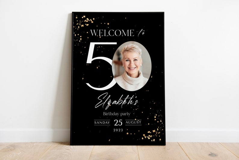 Cartello di benvenuto per il 50° compleanno: glitter nero e oro (striscione modificabile) immagine 8