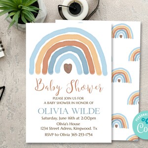 Boho Rainbow Baby Shower Invitation, Gender Neutral Shower Invite, Muted Tones Boho Baby Shower, Gender Neutral Pastel Baby Shower