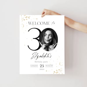 30 cumpleaños Signo de bienvenida Treinta años Oro blanco Editable Póster de bienvenida Adulto Aniversario Plantilla de cumpleaños Decoraciones Descarga instantánea